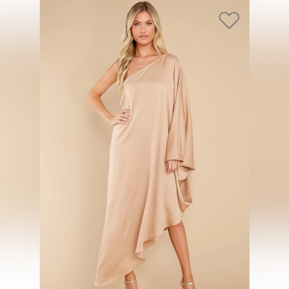 One shoulder dress, light tan/gold color, size small